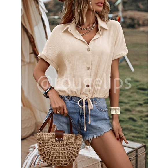 Cotton Beige Short Sleeve Collared Shirt Drawstring Ties Rolled Sleeve Cuff - Picture 5 of 8